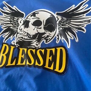 Blue Graphic Tee with Skull and Wings